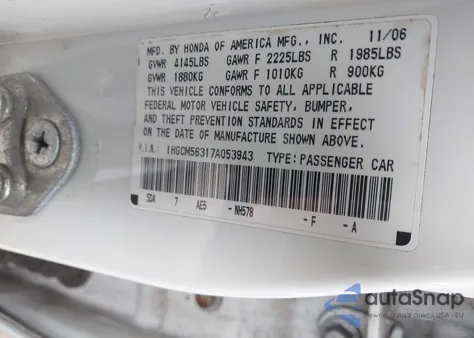 2007 Honda Accord 2.4 Se z USA, uszkodzony, nr VIN 1HGCM56317A053943